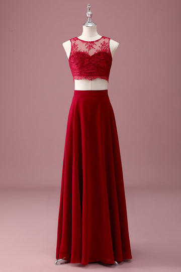Dentelle Bourgogne Col Rond Une Ligne Longue Robe de Demoiselle D’honneur Junior Avec Haut Court